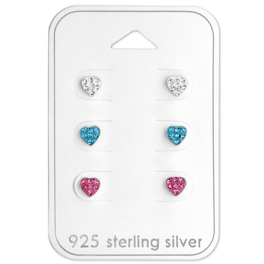 Heart earrings set featuring three pairs of sterling silver heart earrings in clear, pink, and aqua cubic zirconia.