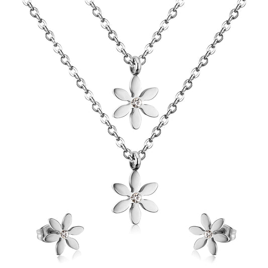 Children's, Teens' and Mothers' Necklace and Earrings Sets:  Surgical Steel, Layered Flower Necklace with Matching Earrings with CZ and Gift box.