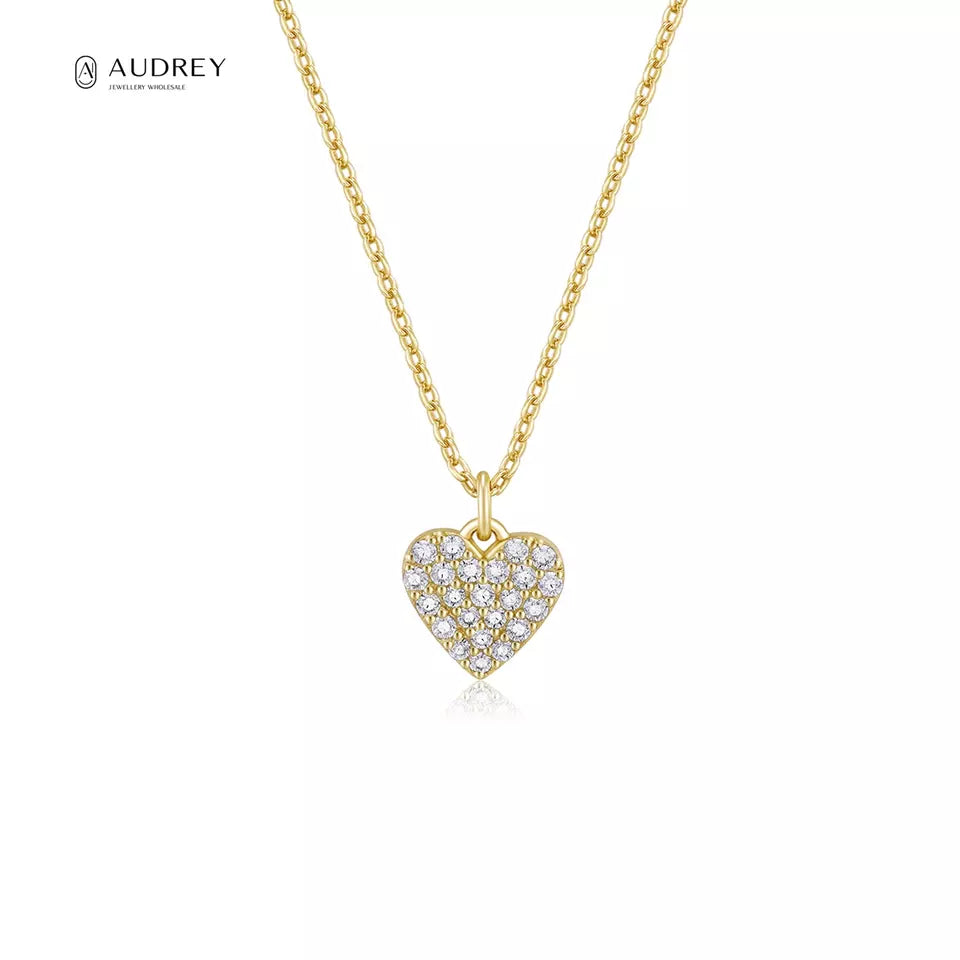 Children's Necklaces - 14k Gold over Sterling Silver (Vermeil) 40cm CZ Encrusted Heart Necklaces with Gift Boxes - Audrey Collection