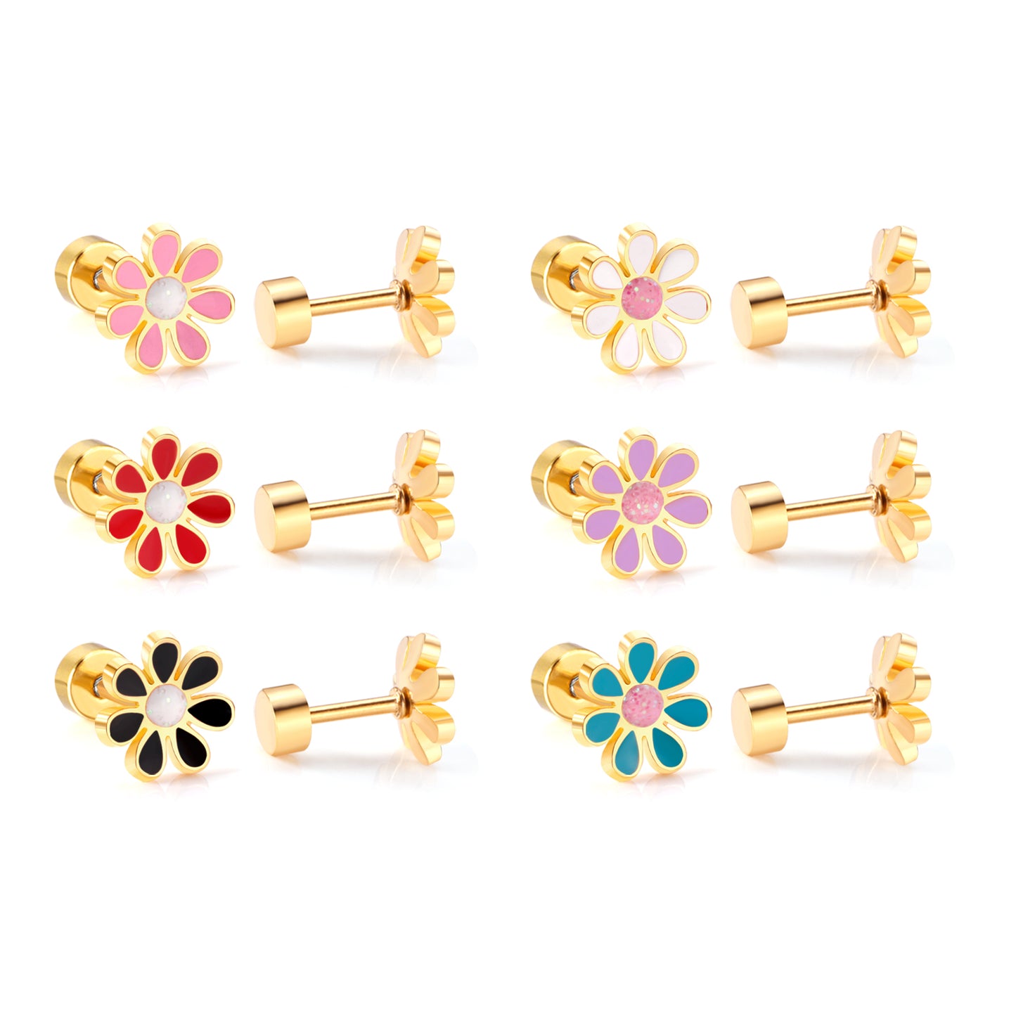 Children's Earrings:  Surgical Steel with Gold IP Pink/White Flowers with Screw Backs