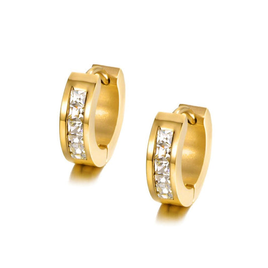 Gold hoop earrings with channel-set square clear crystals, small huggie style, perfect for everyday wear or special occasions.

