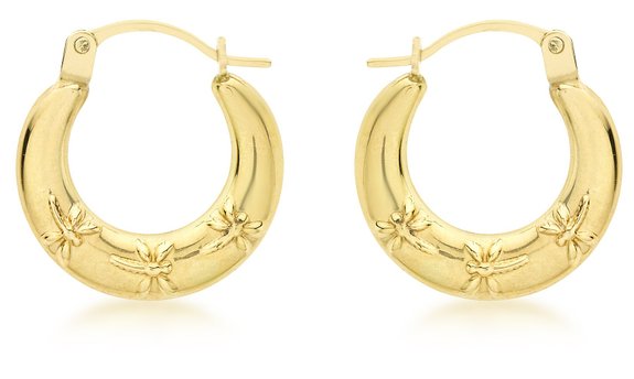 Hoop earrings featuring a solid 9k gold design with delicate dragonfly details on the surface for a stylish look.
