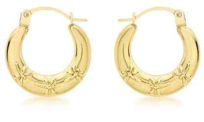 Hoop earrings featuring a solid 9k gold design with delicate dragonfly details on the surface for a stylish look.