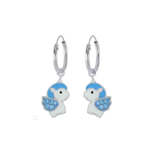 Hoop earrings featuring sterling silver 10mm hoops with unicorn Pegasus dangles in blue and white enamel.