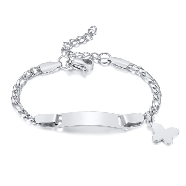 ID bracelet in 316L surgical steel with engravable plate and butterfly charm, perfect for young children.