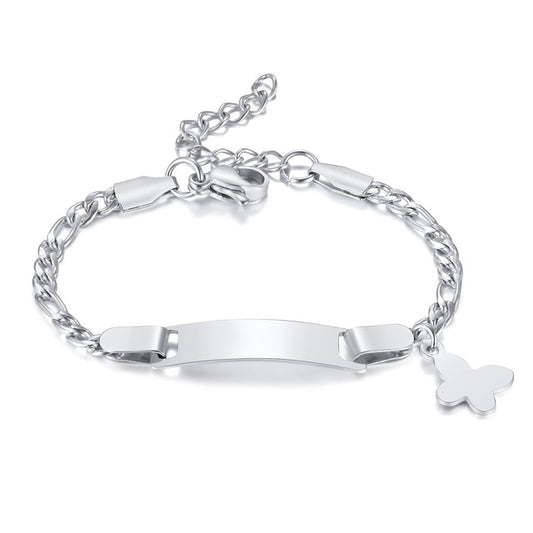 ID bracelet in 316L surgical steel with engravable plate and butterfly charm, perfect for young children.