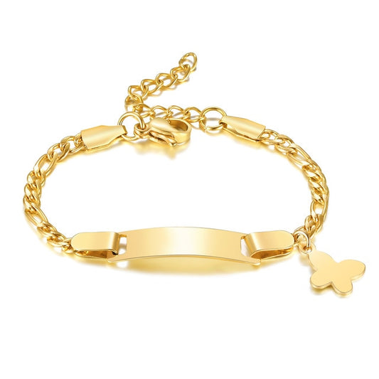 A gold-colored bracelet made of steel, featuring a butterfly charm and an engraveable ID plate, designed for babies and children.