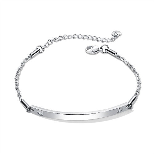 ID bracelet featuring a sleek surgical steel design with cubic zirconia accents and an adjustable chain.