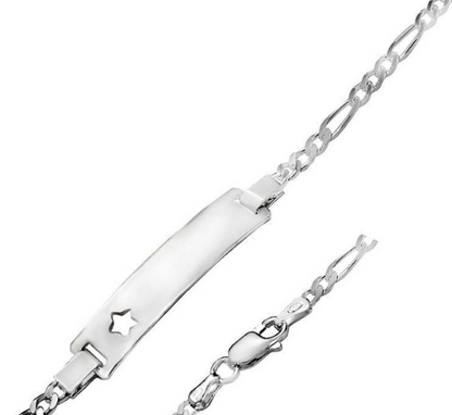 Silver chain bracelet with an engravable plate on a white background