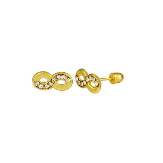Infinity earrings in solid 14k yellow gold with clear cubic zirconia and secure screw backs for timeless elegance.
