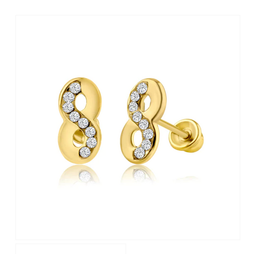 Infinity earrings in solid 14k yellow gold with clear cubic zirconia and secure screw backs.