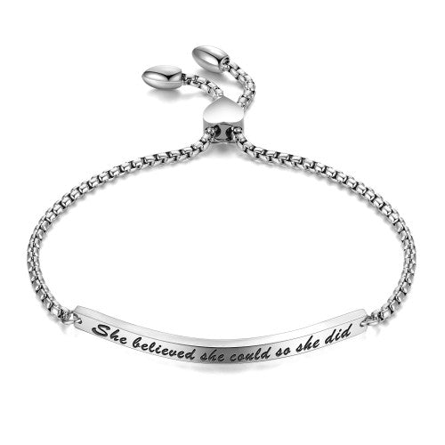 Inspirational bracelet made of surgical steel with engraved message 'She believed she could, so she did' and adjustable bolo closure.