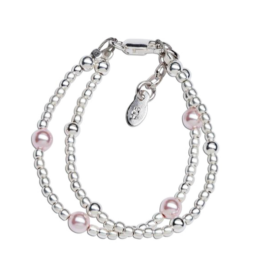 Children's Bracelets:  Sterling Silver Double Ball Bracelet with Pink Swarovski Pearls Age 5 - 12