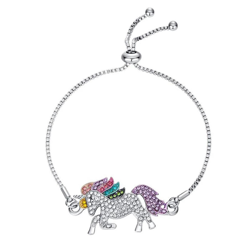 Children's Bracelets:  Adjustable Steel Unicorn Bracelets with Rainbow Crystals
