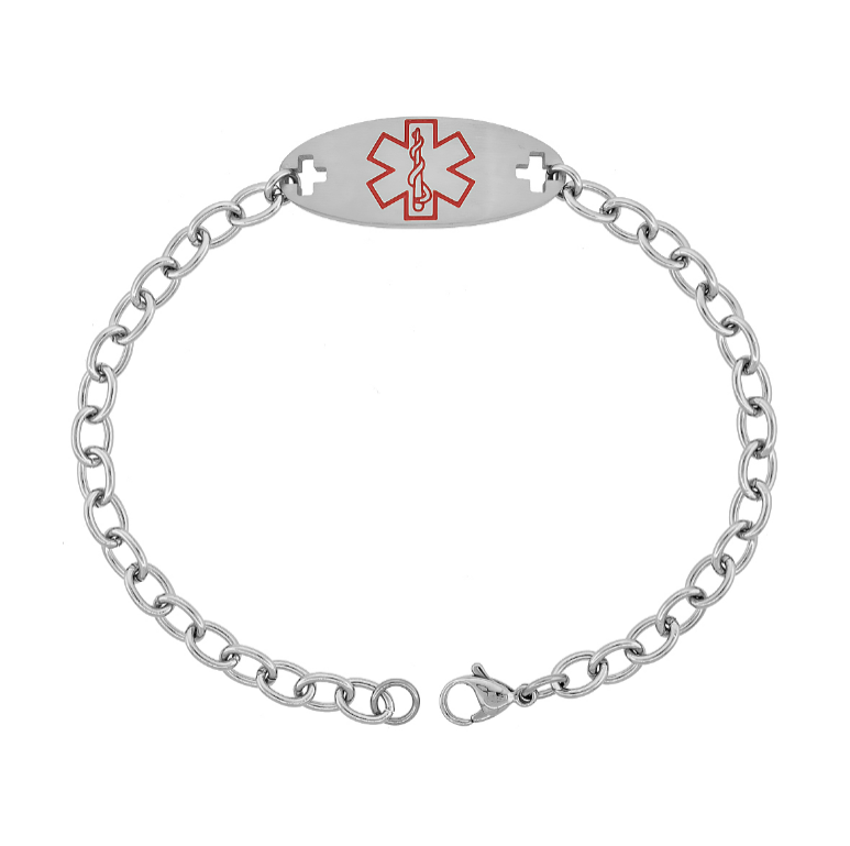Medical alert bracelet with surgical steel chain and emergency medical symbol for urgent safety information.