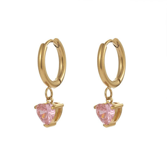 Children's, Teens' and Mothers' Earrings:  Steel with Gold IP Hoops with Pink CZ Hearts
