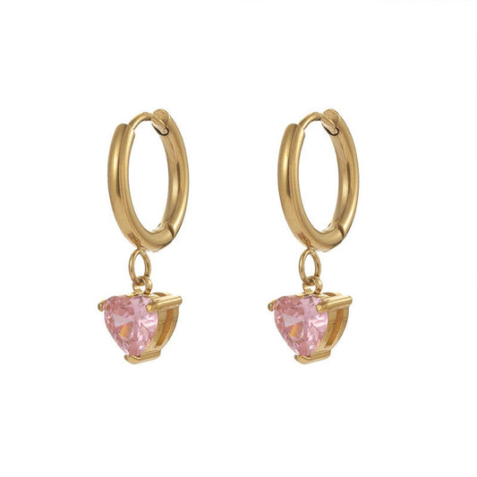 Children's, Teens' and Mothers' Earrings:  Steel with Gold IP Hoops with AAA Pink CZ Hearts
