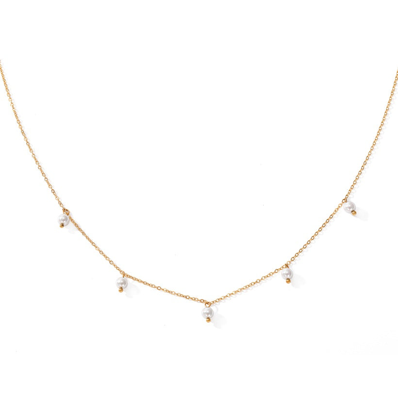 Children's, Teens' and Mothers' Necklaces:  Surgical Steel with Gold IP 5 x Pearl Necklace