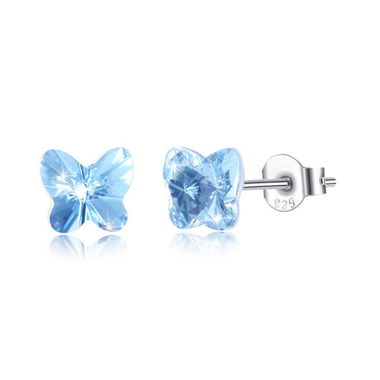 Baby and Children's Earrings:  Sterling Silver, Blue Swarovski Crystal Butterflies