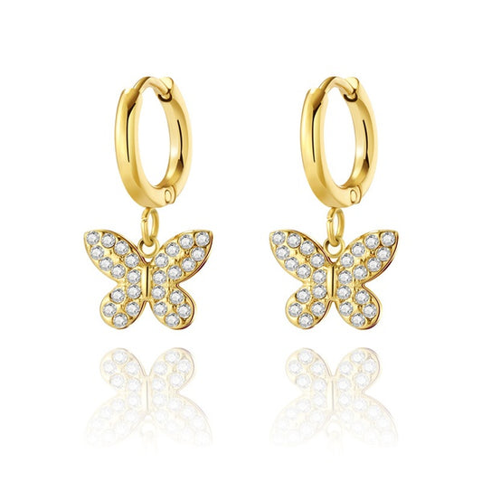 Children's Earrings:  Surgical Steel with Gold IP, Hoops with CZ Butterflies Age 10 to Adult