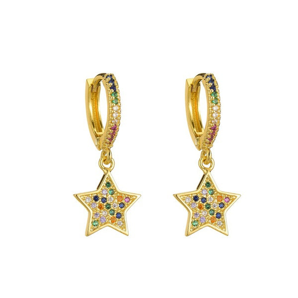 Teens' and Mothers' Earrings:  Steel, with Gold IP Huggies with Colourful, CZ Star Dangles