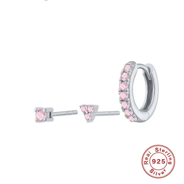 Baby and Children's Earrings:  Sterling Silver Premium Mix 'n Match Set of 3 Earrings - Pink CZ