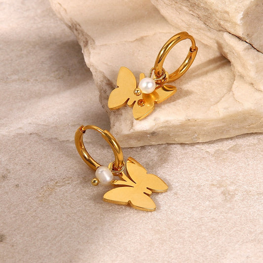 Children's, Teens' and Mothers' Earrings:  Steel with Gold IP Butterfly and Pearl Hoops