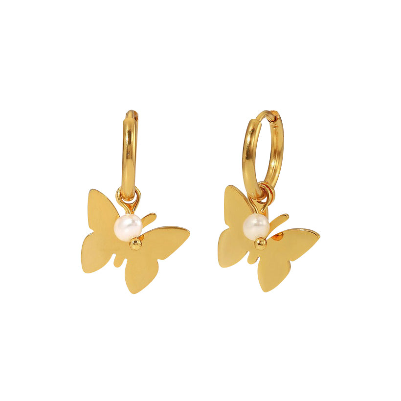 Children's, Teens' and Mothers' Earrings:  Steel with Gold IP Butterfly and Pearl Hoops