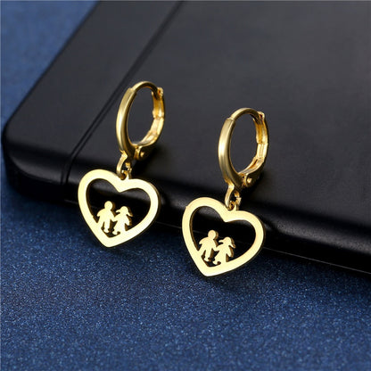 Mothers' Earrings:  Gold IP over Surgical Steel, Hoops with Hearts, Featuring 2 Children