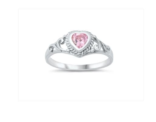 Children's Rings:  Sterling Silver Baby Pink CZ Heart Ring Size 4