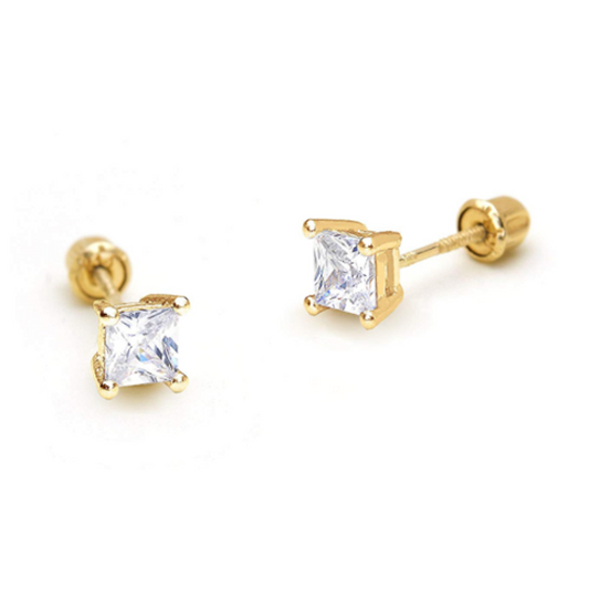 Children's Earrings:  14k Gold Princess Cut 3mm CZ Studs with Screw Backs and Gift Box