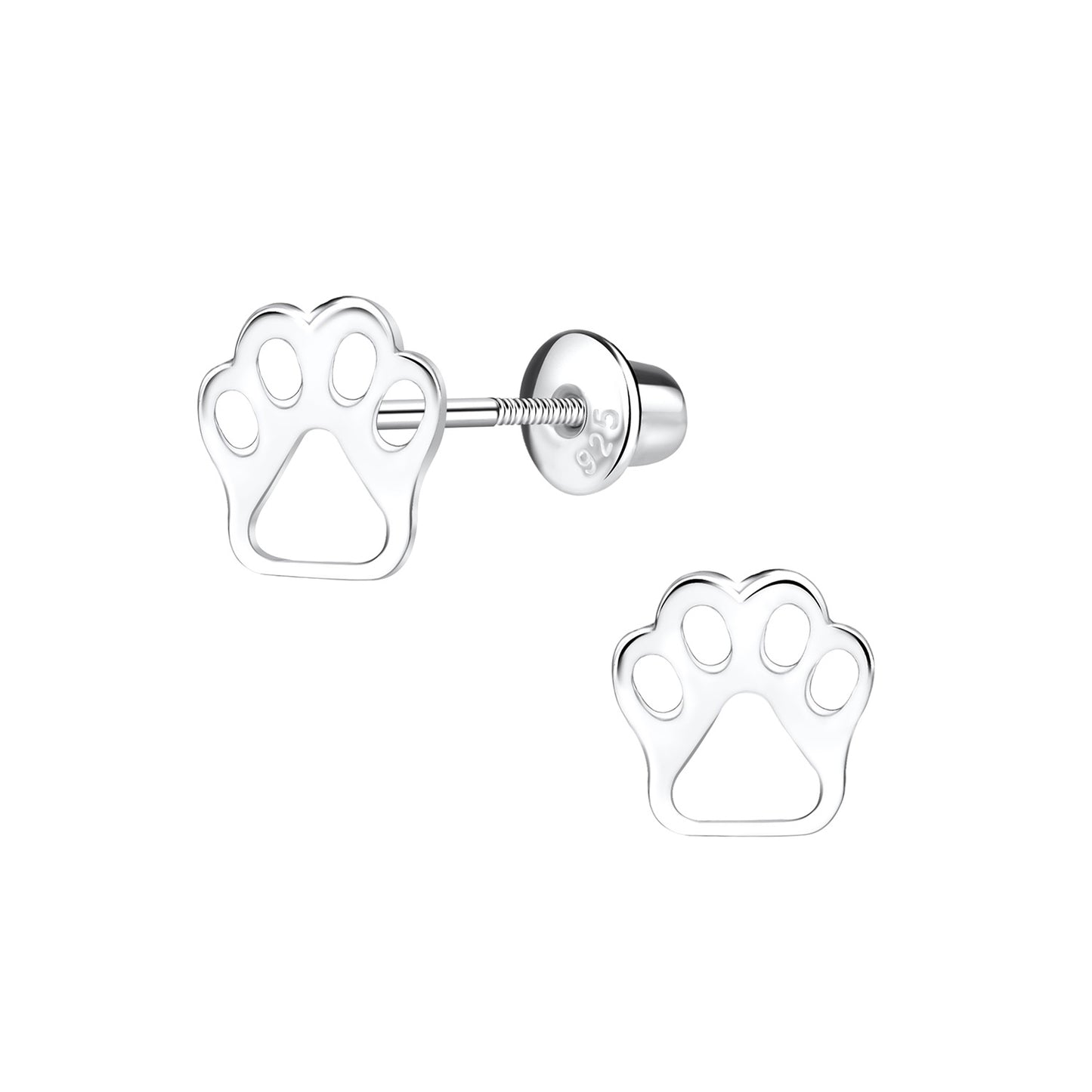 Paw print earrings featuring sterling silver 6x7mm paw print stud design with screw back for secure wear.