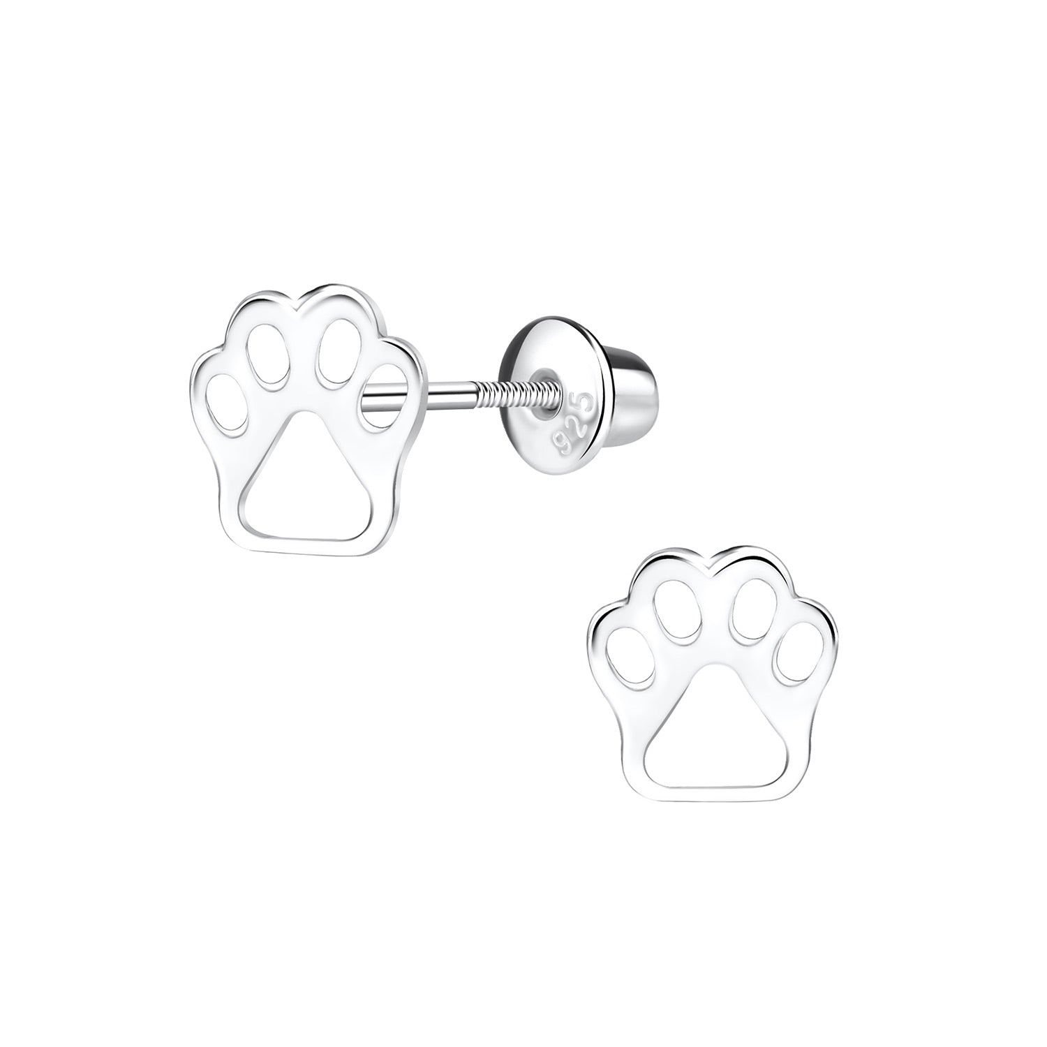 Paw print earrings featuring sterling silver 6x7mm paw print stud design with screw back for secure wear.