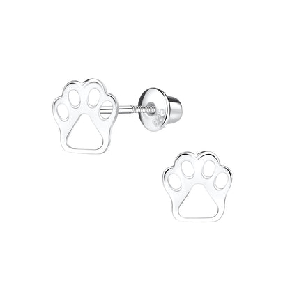 Paw print earrings featuring sterling silver 6x7mm paw print stud design with screw back for secure wear.