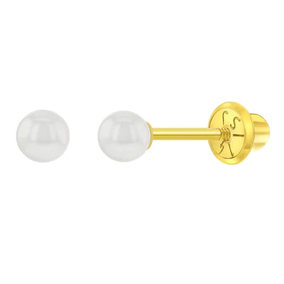 A pair of 14k gold screw back earrings with white cultured freshwater pearls, presented against a white background.