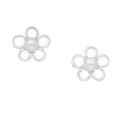 Elegant pearl flower earrings made of 925 sterling silver with simulated pearl centres.