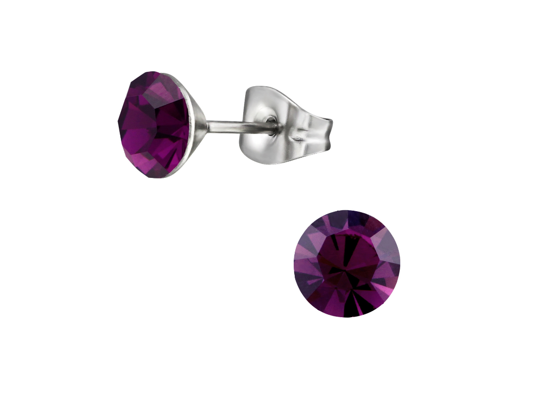 Purple CZ stud earrings featuring 6mm amethyst stones on surgical steel push backs, perfect for everyday wear.