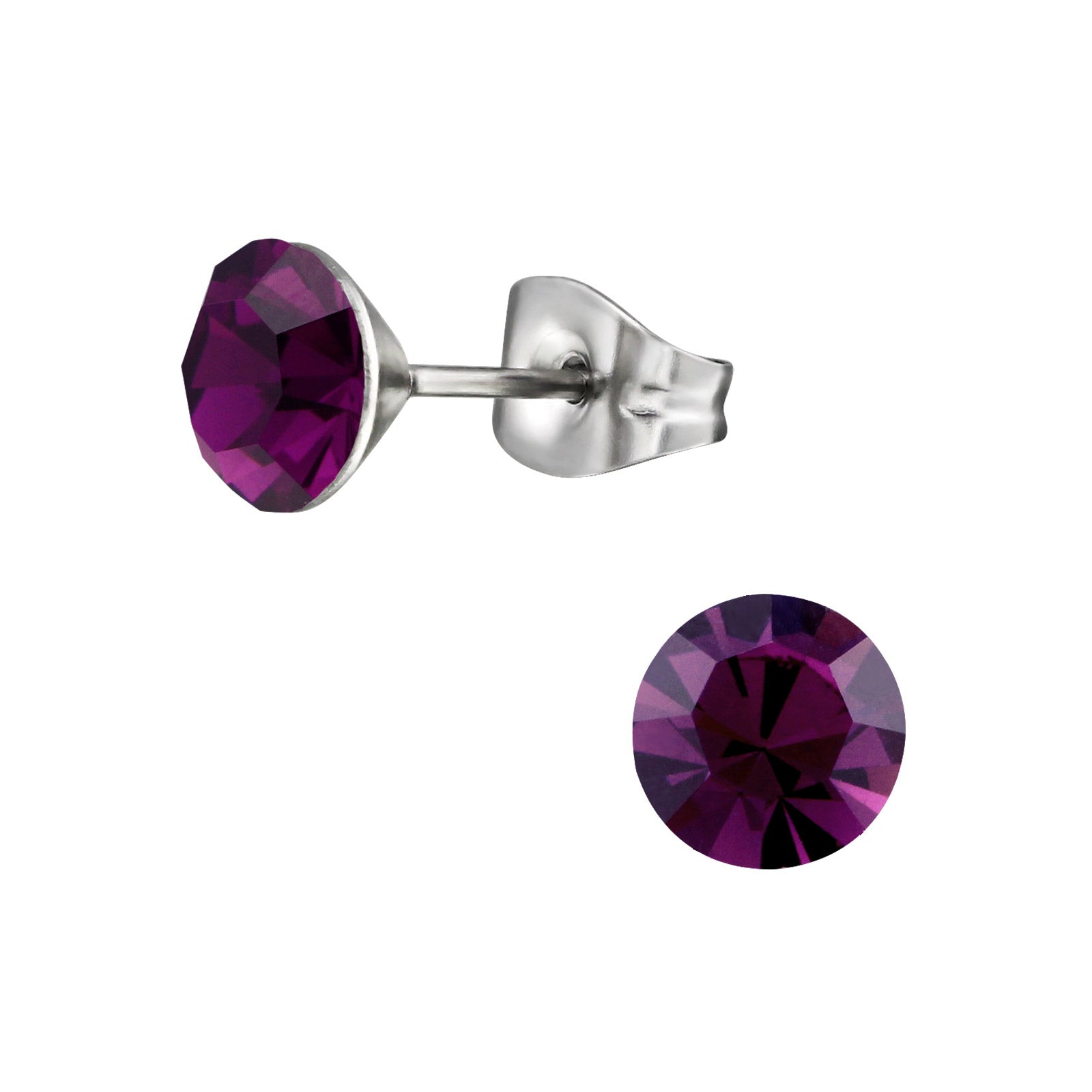 Purple CZ stud earrings featuring 6mm amethyst stones and surgical steel push backs, perfect for sensitive ears.