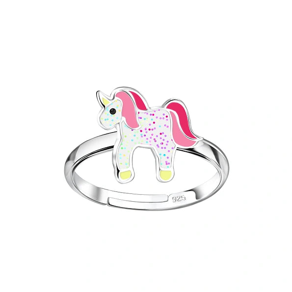 Children's Rings:  Sterling Silver Pink and White Glitter Unicorn Adjustable Rings