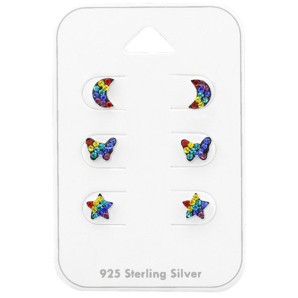 Rainbow CZ earrings set featuring moon, butterfly, and star designs in sterling silver. Perfect for everyday wear.