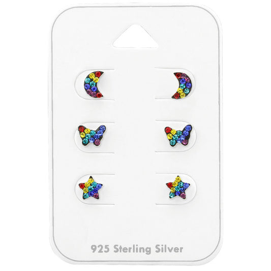 Rainbow CZ earrings set featuring moon, butterfly, and star designs in sterling silver. Perfect for everyday wear.