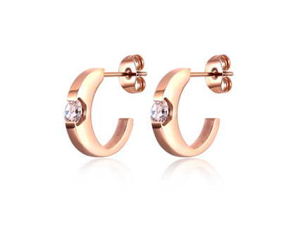 Huggie Earrings - Titanium Rose Gold IP Half Huggies CZ Push Backs (15x3mm)