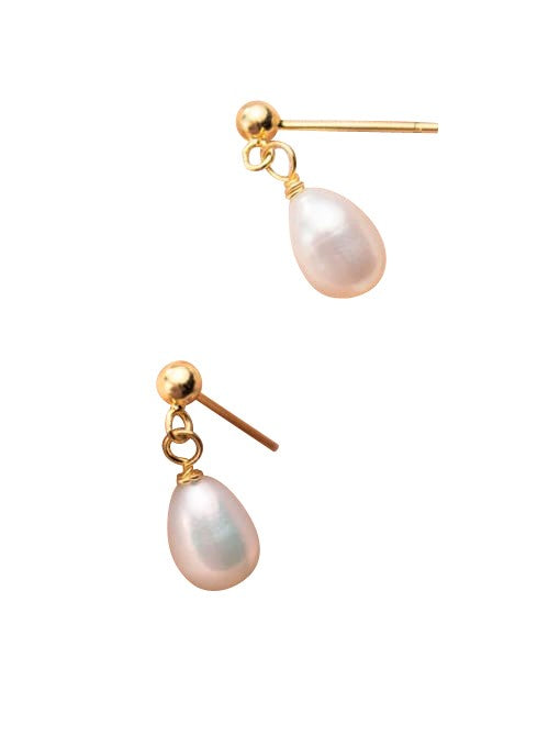 Children's Earrings:  Sterling Silver with Gold Over (Vermeil) Immitation Water Drop Pearl Earrings with Gift Box