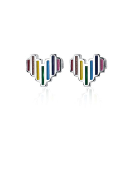 Sterling silver heart-shaped stud earrings featuring vertical rainbow-colored enamel stripes, displayed on a white background.