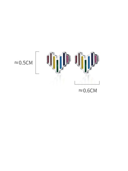 Rainbow-striped heart stud earrings in sterling silver, shown with measurement lines indicating approximately 0.5 cm height and 0.6 cm width, on a white background
