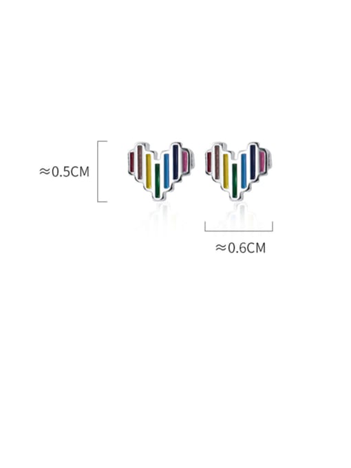 Rainbow-striped heart stud earrings in sterling silver, shown with measurement lines indicating approximately 0.5 cm height and 0.6 cm width, on a white background