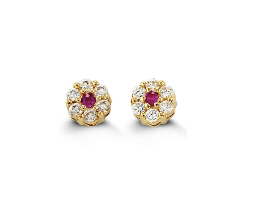 Baby Earrings:  14k Gold Clear AAA Clustered CZ Flowers with Ruby Red Centres with Push Backs and Gift Box Newborn - 3