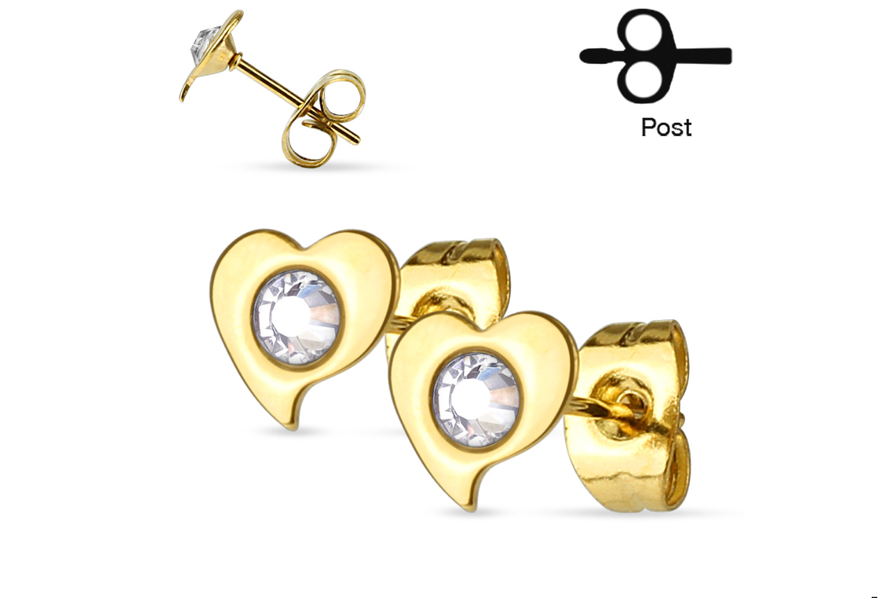 Children's and Teens' Earrings:  Surgical Steel, Gold IP Heart/CZ Studs