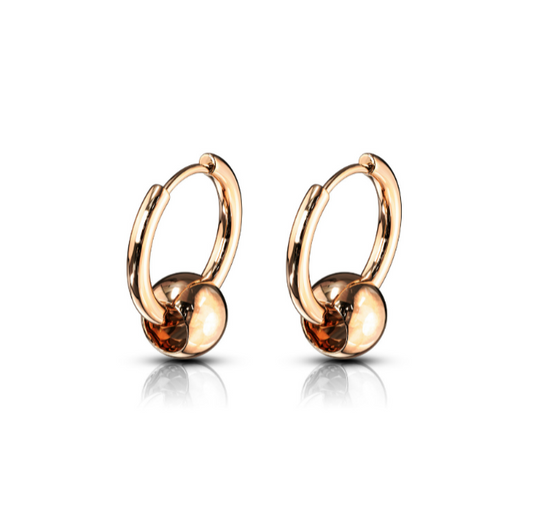 Children's, Teens' and Mothers' Earrings:  Rose Gold IP Surgical Steel Hoops with Floating Ball