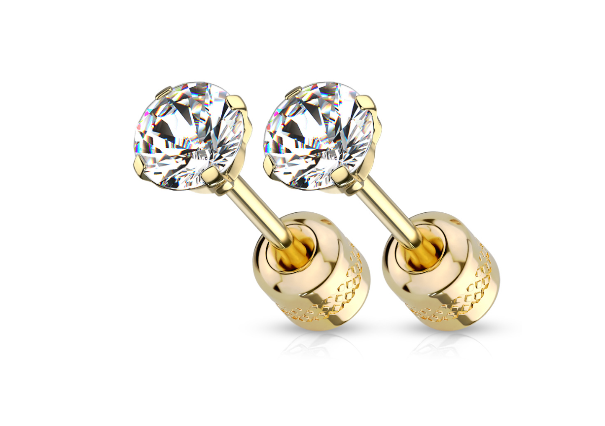 Children's, Teens' and Mothers' Earrings:  Two Earrings in One. Surgical Steel, Gold IP, 5mm Round CZ Studs with Screw Backs